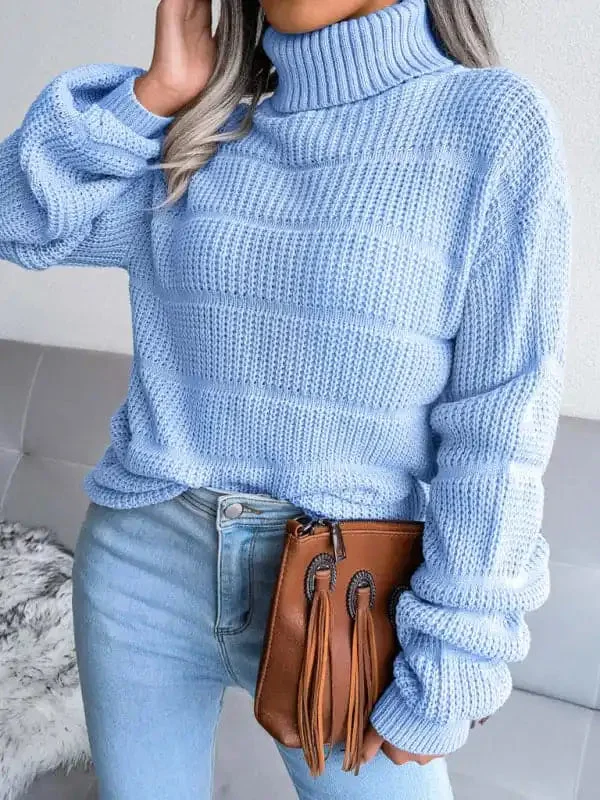 Women’s Turtleneck Drop Shoulder Sleeves Cutout Casual Sweater