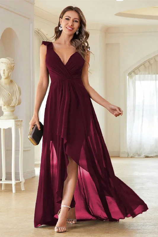 "Sleeveless dresses for women during hot summer days"A-Line Burgundy V-Neck Chiffon High Low Prom Dress "Sleeveless dresses for women during hot summer days"A-Line Burgundy V-Neck Chiffon High Low Prom Dress