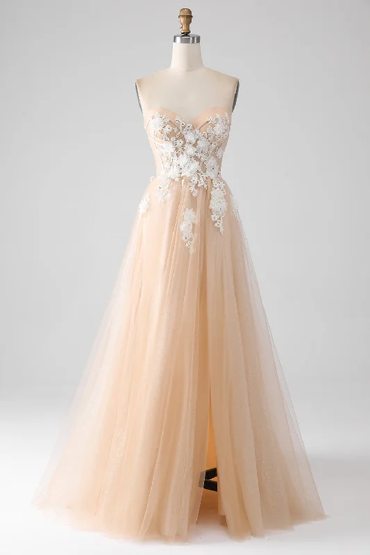 "Petite women's dresses with flattering fits"A-Line Champagne Strapless Corset Prom Dress with Appliques "Petite women's dresses with flattering fits"A-Line Champagne Strapless Corset Prom Dress with Appliques
