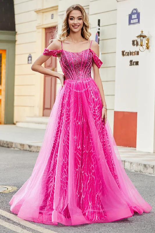 "Mother of the groom dresses for women in sophisticated designs"A-Line Cold Shoudler Sparkly Hot Pink Corset Prom Dress with Beading