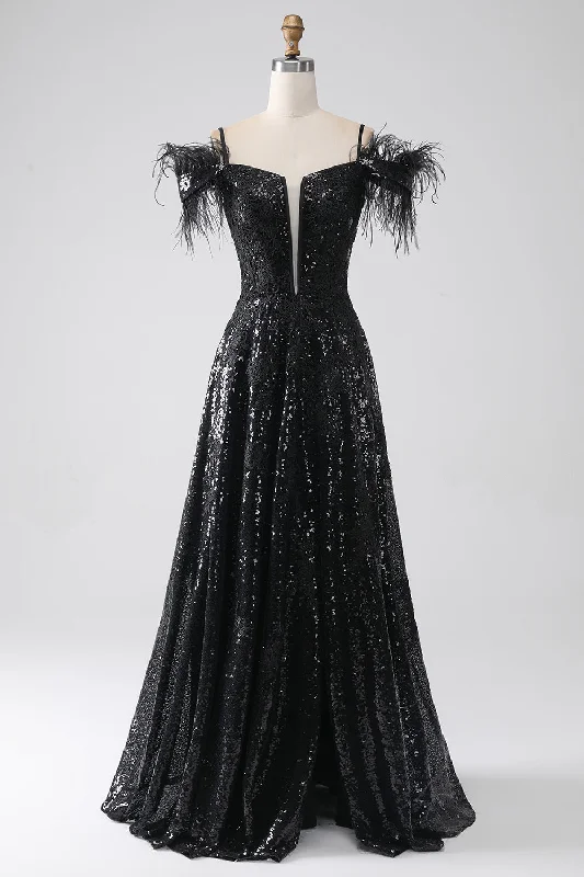 "Long sleeve dresses for women in cold weather"A-Line Cold Shoulder Sequins Long Prom Dress with Slit "Long sleeve dresses for women in cold weather"A-Line Cold Shoulder Sequins Long Prom Dress with Slit