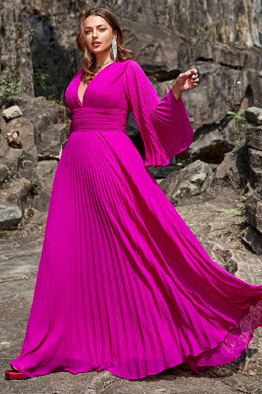 "Polka dot dresses for women with a retro vibe"A Line Deep V Neck Dark Fuchsia Plus Size Prom Dress with Long Sleeves "Polka dot dresses for women with a retro vibe"A Line Deep V Neck Dark Fuchsia Plus Size Prom Dress with Long Sleeves
