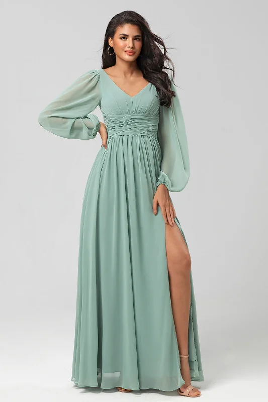 "Polka dot dresses for women with a retro vibe"A Line Green Long Sleeves Bridesmaid Dress with Slit "Polka dot dresses for women with a retro vibe"A Line Green Long Sleeves Bridesmaid Dress with Slit