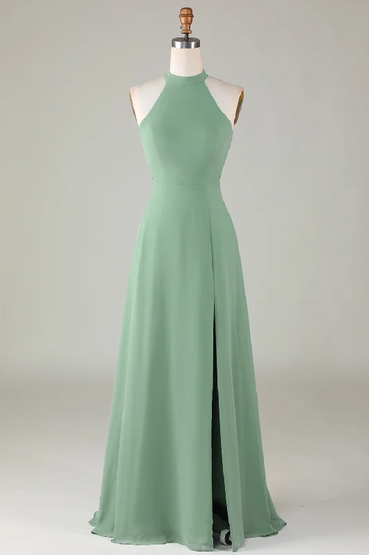 "Sustainable and eco - friendly women's dresses"A-Line Halter Open Back Matcha Bridesmaid Dress with Split Front "Sustainable and eco - friendly women's dresses"A-Line Halter Open Back Matcha Bridesmaid Dress with Split Front