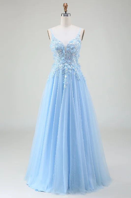 "Lace dresses for women for a romantic and elegant look"A-Line Light Blue Prom Dress with Appliques "Lace dresses for women for a romantic and elegant look"A-Line Light Blue Prom Dress with Appliques