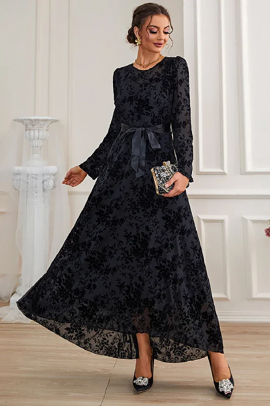 "Comfortable maternity dresses for pregnant women"A-Line Long Sleeves Lace Black Formal Dress with Sash "Comfortable maternity dresses for pregnant women"A-Line Long Sleeves Lace Black Formal Dress with Sash