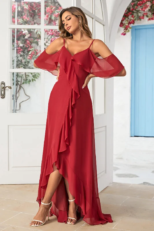 "Maxi dresses for women to wear in the fall"A Line Off the Shoulder Burgundy Long Bridesmaid Dress with Ruffles "Maxi dresses for women to wear in the fall"A Line Off the Shoulder Burgundy Long Bridesmaid Dress with Ruffles
