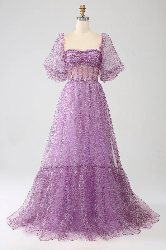 "Long sleeve dresses for women in cold weather"A-Line Square Neck Purple Corset Prom Dress with Half Sleeves "Long sleeve dresses for women in cold weather"A-Line Square Neck Purple Corset Prom Dress with Half Sleeves