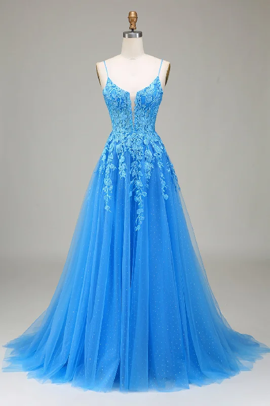 "Comfortable maternity dresses for pregnant women"A-Line Spaghetti Straps Blue Tulle Prom Dress With Appliques "Comfortable maternity dresses for pregnant women"A-Line Spaghetti Straps Blue Tulle Prom Dress With Appliques