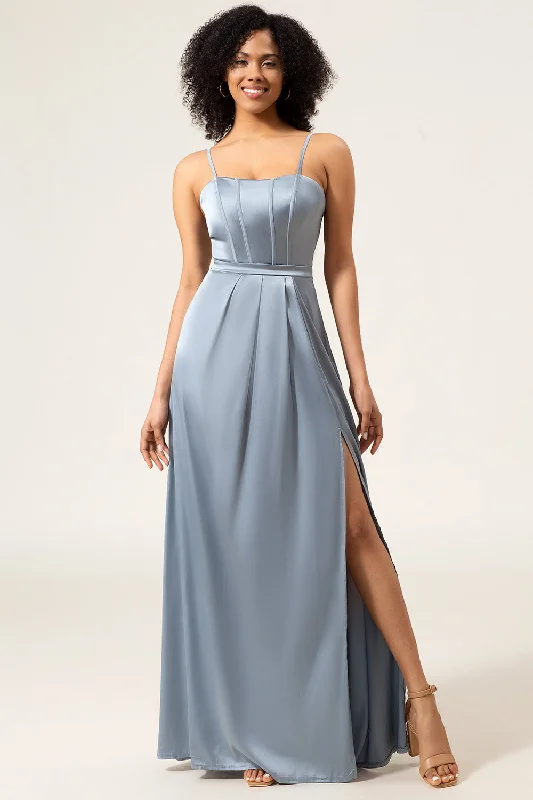 "Petite women's dresses with flattering fits"A-Line Spaghetti Straps Dusty Blue Satin Long Bridesmaid Dress "Petite women's dresses with flattering fits"A-Line Spaghetti Straps Dusty Blue Satin Long Bridesmaid Dress