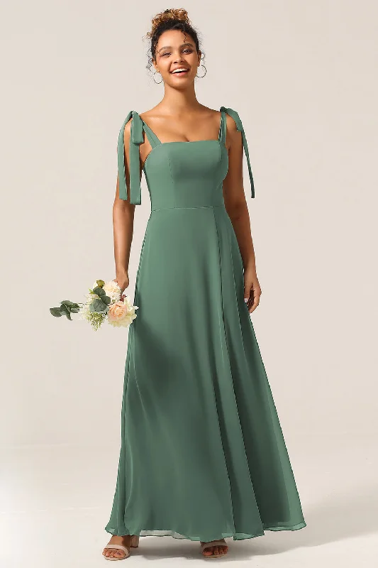 "Long sleeve dresses for women in cold weather"A Line Spaghetti Straps Eucalyptus Tie Straps Bridesmaid Dress With Slit "Long sleeve dresses for women in cold weather"A Line Spaghetti Straps Eucalyptus Tie Straps Bridesmaid Dress With Slit