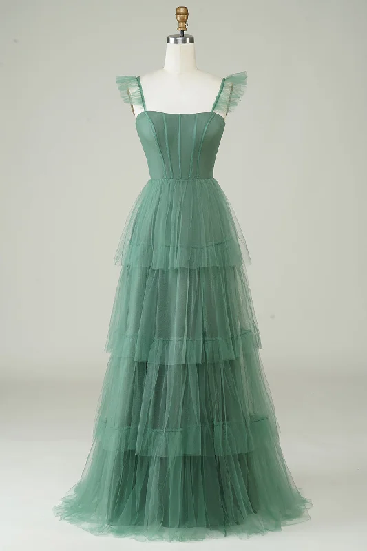 "Sleeveless dresses for women during hot summer days"A Line Spaghetti Straps Long Tulle Eucalyptus Bridesmaid Dress "Sleeveless dresses for women during hot summer days"A Line Spaghetti Straps Long Tulle Eucalyptus Bridesmaid Dress