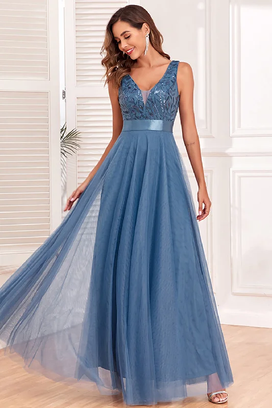 "Ruffled dresses for women for added femininity"A-Line V-Neck Blue Prom Dress