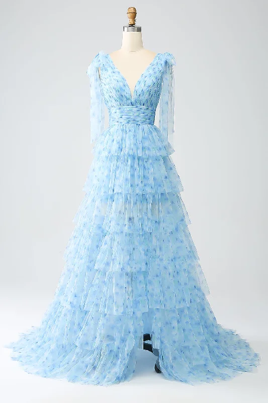 "Maxi dresses for women to wear in the fall"A-Line V-Neck Light Blue Tiered Prom Dress "Maxi dresses for women to wear in the fall"A-Line V-Neck Light Blue Tiered Prom Dress