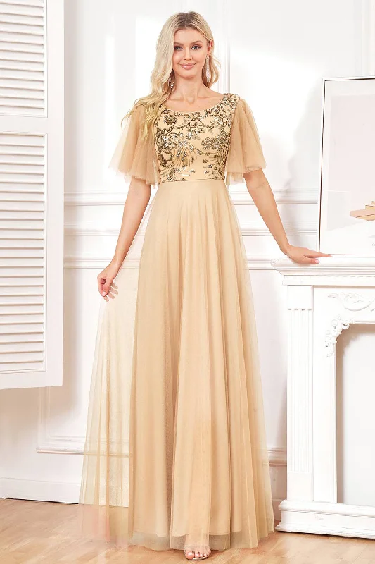 "Smart casual dresses for women for work - to - weekend transitions"Bat Sleeves A Line Tulle Champagne Formal Dress with Sequins "Smart casual dresses for women for work - to - weekend transitions"Bat Sleeves A Line Tulle Champagne Formal Dress with Sequins