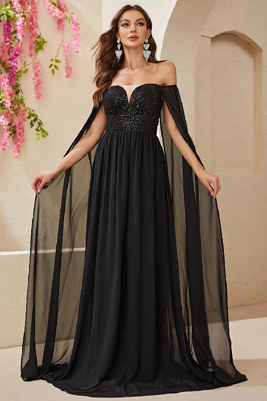 "Maxi dresses for women to wear in the fall"Black A-line Off The Shoulder Chiffon Long Prom Dress "Maxi dresses for women to wear in the fall"Black A-line Off The Shoulder Chiffon Long Prom Dress