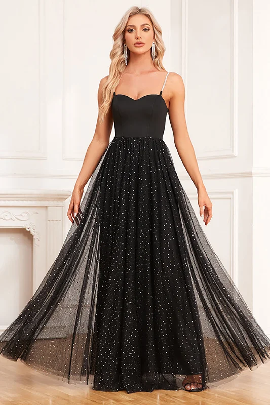"Black tie dresses for women for formal galas"Black A-Line Spaghetti Straps Long Prom Dress "Black tie dresses for women for formal galas"Black A-Line Spaghetti Straps Long Prom Dress
