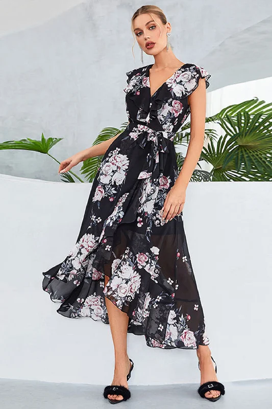 "Mother of the groom dresses for women in sophisticated designs"Black A-Line V-Neck Floral Print Chiffon Party Dress