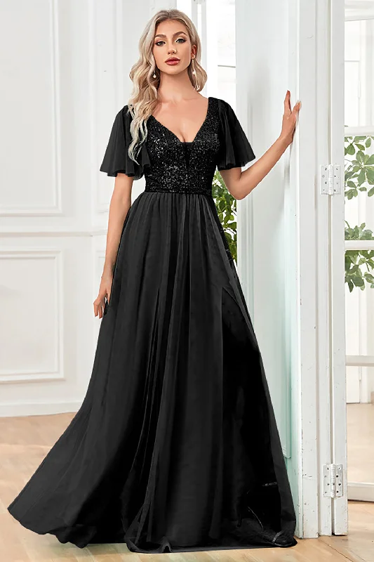 "Midi dresses for women with unique patterns"Black A-Line V Neck Long Prom Dress with Sequins "Midi dresses for women with unique patterns"Black A-Line V Neck Long Prom Dress with Sequins
