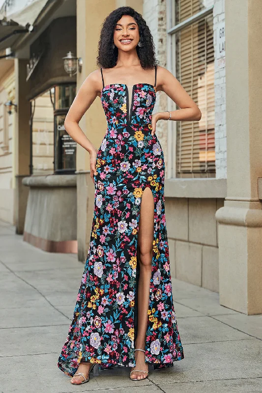 Clearance Sale: Women's Dresses Black Flower Embroidered Mermaid Prom Dress With Side Slit Clearance Sale: Women's Dresses Black Flower Embroidered Mermaid Prom Dress With Side Slit