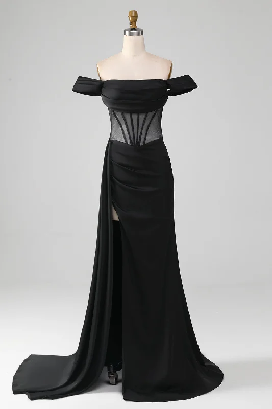 "Trendy casual dresses for women to wear at the beach"Black Off the Shoulder Satin Corset Mermaid Prom Dress with Slit "Trendy casual dresses for women to wear at the beach"Black Off the Shoulder Satin Corset Mermaid Prom Dress with Slit