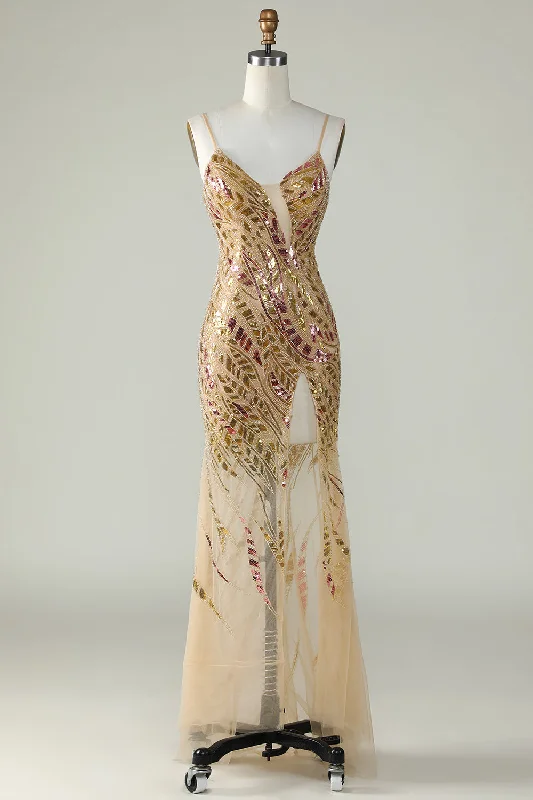 "New Arrivals Discount: 20% Off on Latest Women's Dress Collections"Bling Mermaid Spaghetti Straps Golden Sequins Long Prom Dress with Split Front "New Arrivals Discount: 20% Off on Latest Women's Dress Collections"Bling Mermaid Spaghetti Straps Golden Sequins Long Prom Dress with Split Front