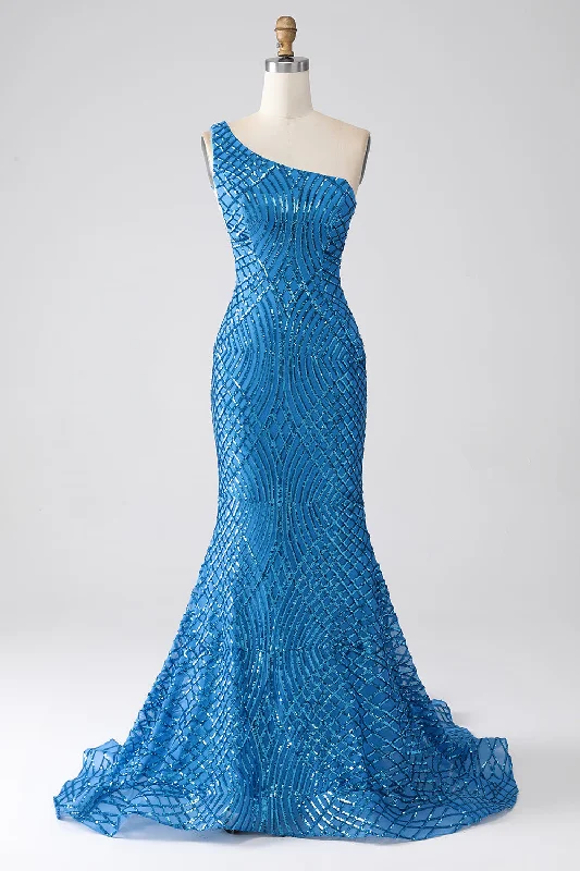 "Pleated dresses for women with a graceful movement"Blue Mermaid One Shoulder Sequins Long Prom Dress "Pleated dresses for women with a graceful movement"Blue Mermaid One Shoulder Sequins Long Prom Dress