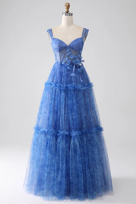 "Bohemian - style women's dresses for music festivals"Blue Printed A Line Tulle Corset Prom Dress "Bohemian - style women's dresses for music festivals"Blue Printed A Line Tulle Corset Prom Dress