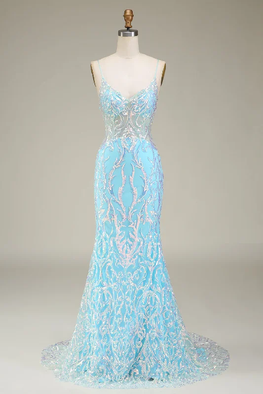 "Plus size formal dresses for women for special events"Blue Spaghetti Straps Sparkly Mermaid Prom Dress