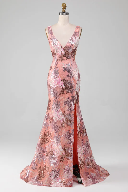 "Sleeveless dresses for women during hot summer days"Blush Sparkly Sequin Mermaid Long Prom Dress With Slit "Sleeveless dresses for women during hot summer days"Blush Sparkly Sequin Mermaid Long Prom Dress With Slit