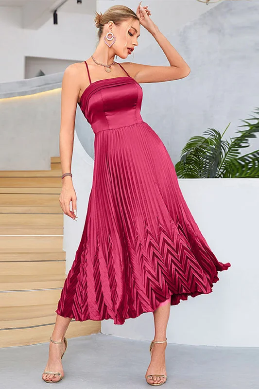 "Boho wedding dresses for women for a free - spirited vibe"Burgundy A-Line Spaghetti Straps Pleated Tea-Length Evening Dress "Boho wedding dresses for women for a free - spirited vibe"Burgundy A-Line Spaghetti Straps Pleated Tea-Length Evening Dress