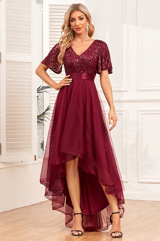 "Hurry! Limited Stock - Get Your Dream Dress with a Special Discount"Burgundy A-Line V Neck Short Sleeves High Low Prom Dress "Hurry! Limited Stock - Get Your Dream Dress with a Special Discount"Burgundy A-Line V Neck Short Sleeves High Low Prom Dress