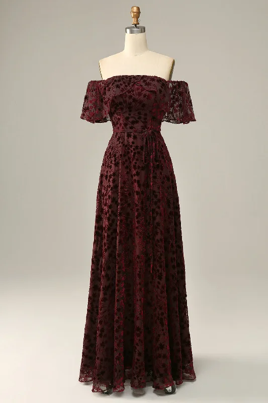"Designer - inspired women's evening dresses"Burgundy Flower Off The Shoulder Evening Dress "Designer - inspired women's evening dresses"Burgundy Flower Off The Shoulder Evening Dress