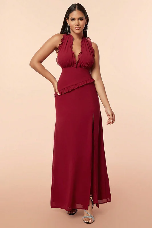 "New Arrivals Discount: 20% Off on Latest Women's Dress Collections"Burgundy Halter Ruffles Prom Dress with Slit "New Arrivals Discount: 20% Off on Latest Women's Dress Collections"Burgundy Halter Ruffles Prom Dress with Slit
