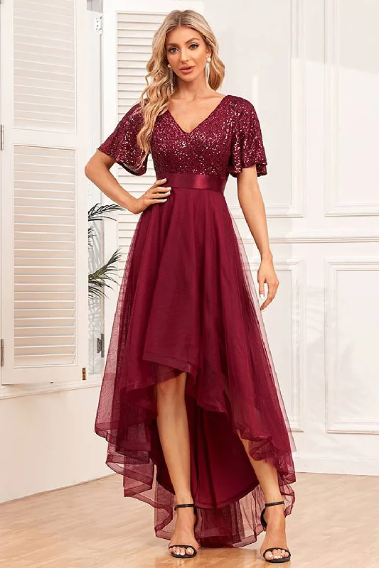 "Homecoming dresses for women to stand out"Burgundy High-low A-line Formal Dress with Sequins "Homecoming dresses for women to stand out"Burgundy High-low A-line Formal Dress with Sequins