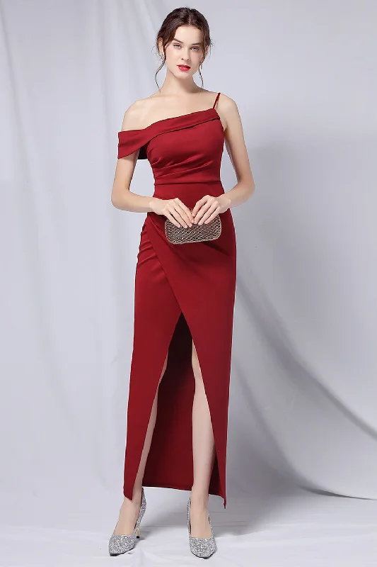 "Elegant wedding guest dresses for women under $100"Burgundy One Shoulder Prom Dress with Slit "Elegant wedding guest dresses for women under $100"Burgundy One Shoulder Prom Dress with Slit