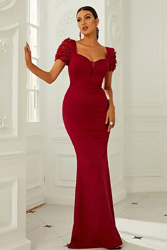 "Stylish cocktail dresses for women on a budget"Burgundy Short Sleeves Mermaid Long Prom Dress "Stylish cocktail dresses for women on a budget"Burgundy Short Sleeves Mermaid Long Prom Dress