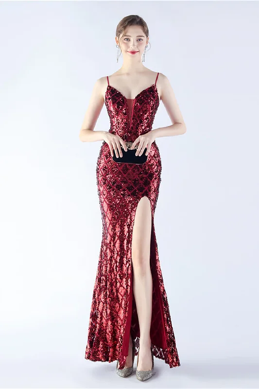 "Red dresses for women to make a bold statement"Burgundy Spaghetti Straps V-neck Swquin Sheath Formal Dress with Slit "Red dresses for women to make a bold statement"Burgundy Spaghetti Straps V-neck Swquin Sheath Formal Dress with Slit