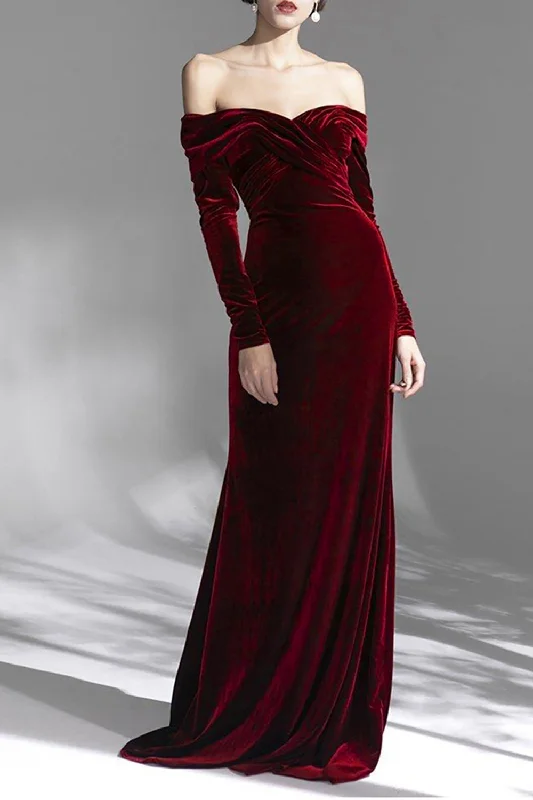 "Flash Sale: Grab Your Favorite Women's Dresses at Unbeatable Prices!"Burgundy Velvet Off the Shoulder Long Sleeves Floor Length Evening Dress "Flash Sale: Grab Your Favorite Women's Dresses at Unbeatable Prices!"Burgundy Velvet Off the Shoulder Long Sleeves Floor Length Evening Dress