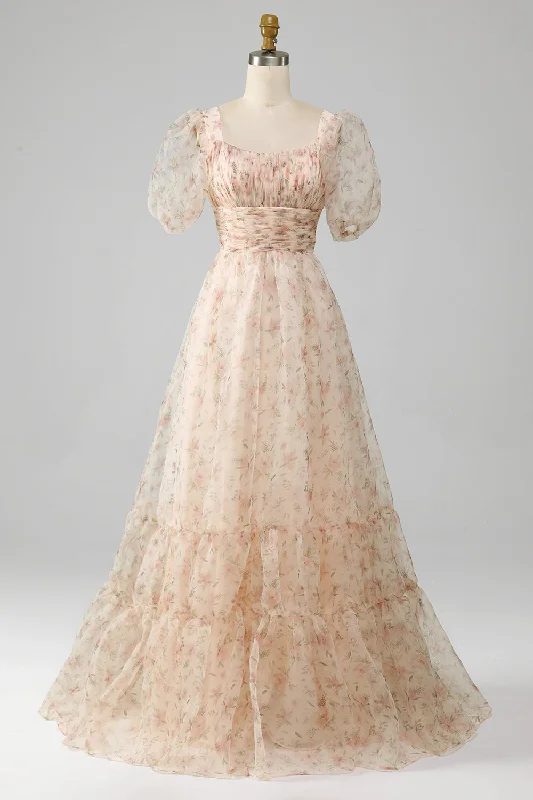 "Graduation dresses for women to celebrate in style"Champagne A-Line Floral Print Pleated Tiered Prom Dress With Puff Sleeves "Graduation dresses for women to celebrate in style"Champagne A-Line Floral Print Pleated Tiered Prom Dress With Puff Sleeves