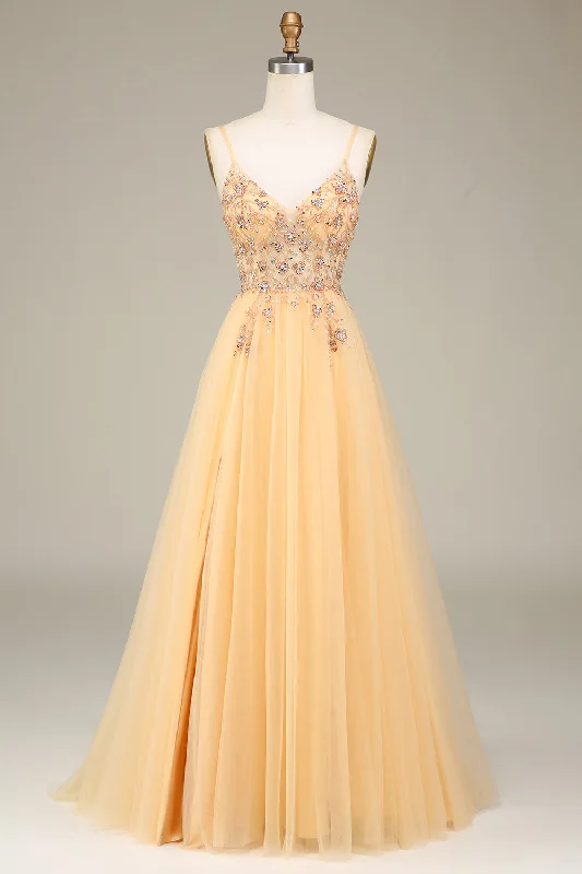 "White dresses for women for a fresh and clean look"Charming A Line Spaghetti Straps Golden Long Prom Dress with Beading "White dresses for women for a fresh and clean look"Charming A Line Spaghetti Straps Golden Long Prom Dress with Beading