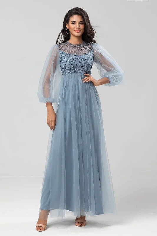 "New Arrivals Discount: 20% Off on Latest Women's Dress Collections"Chic Romantic A Line Jewel Neck Grey Blue Long Bridesmaid Dress with Long Sleeves "New Arrivals Discount: 20% Off on Latest Women's Dress Collections"Chic Romantic A Line Jewel Neck Grey Blue Long Bridesmaid Dress with Long Sleeves