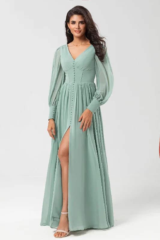 "Striped dresses for women with a classic touch"Chiffon A Line Long Sleeves Bridesmaid Dress with Buttons "Striped dresses for women with a classic touch"Chiffon A Line Long Sleeves Bridesmaid Dress with Buttons