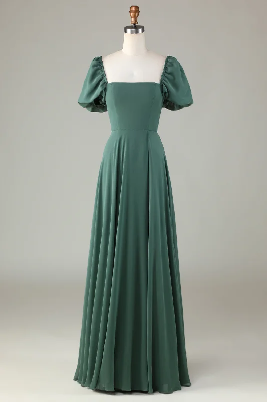 "Petite women's dresses with flattering fits"Chiffon Puff Sleeves Eucalyptus Bridesmaid Dress "Petite women's dresses with flattering fits"Chiffon Puff Sleeves Eucalyptus Bridesmaid Dress