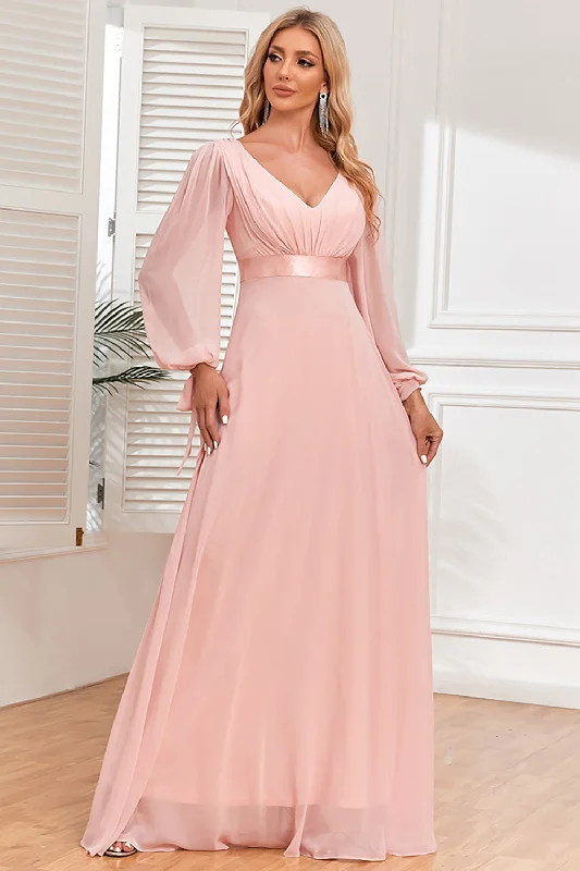 "Bodycon dresses for women to show off curves"Chiffon V-Neck Blush Formal Dress with Long Sleeves "Bodycon dresses for women to show off curves"Chiffon V-Neck Blush Formal Dress with Long Sleeves