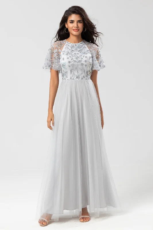 "Bundle and Save: Buy Multiple Women's Dresses and Get a Discount"Classic Elegance A-Line Jewel Neck Grey Long Bridesmaid Dress with Short Sleeves "Bundle and Save: Buy Multiple Women's Dresses and Get a Discount"Classic Elegance A-Line Jewel Neck Grey Long Bridesmaid Dress with Short Sleeves