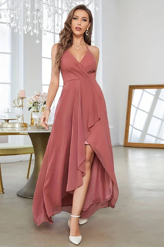 "Graduation dresses for women to celebrate in style"Coral Asymmetrical A-Line Halter Prom Dress With Sleeveless "Graduation dresses for women to celebrate in style"Coral Asymmetrical A-Line Halter Prom Dress With Sleeveless