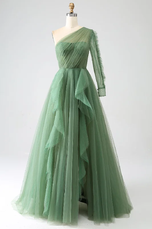 "White dresses for women for a fresh and clean look"Dark Green A-Line One-Shoulder Long Prom Dress With Long Sleeves "White dresses for women for a fresh and clean look"Dark Green A-Line One-Shoulder Long Prom Dress With Long Sleeves