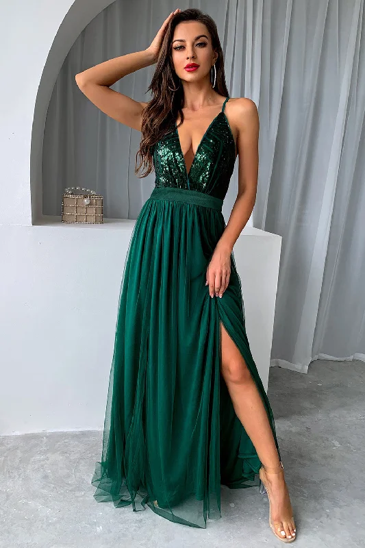 "Boho wedding dresses for women for a free - spirited vibe"Dark Green A-Line Spaghetti Straps Long Prom Dress with Slit "Boho wedding dresses for women for a free - spirited vibe"Dark Green A-Line Spaghetti Straps Long Prom Dress with Slit