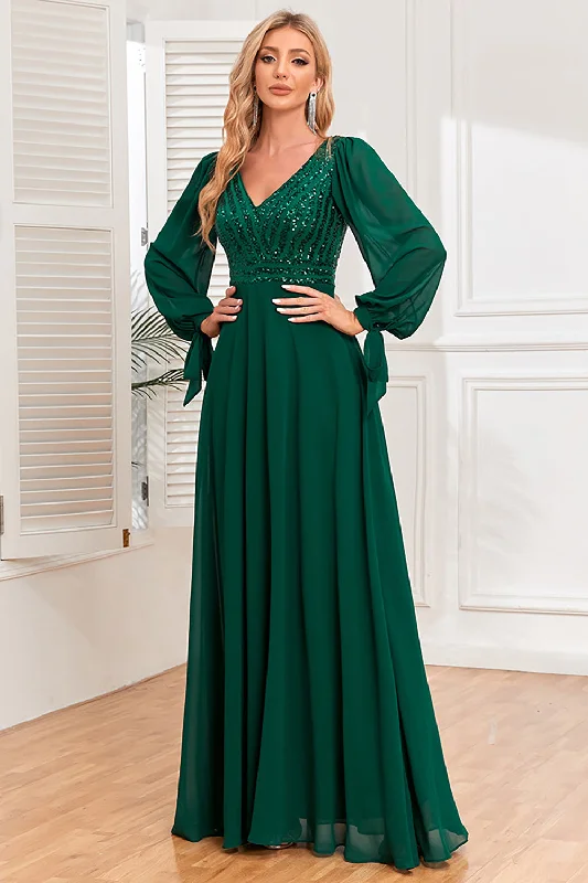 "Mother of the bride dresses for women in elegant styles"Dark Green A-Line V Neck Long Prom Dress With Sequins "Mother of the bride dresses for women in elegant styles"Dark Green A-Line V Neck Long Prom Dress With Sequins